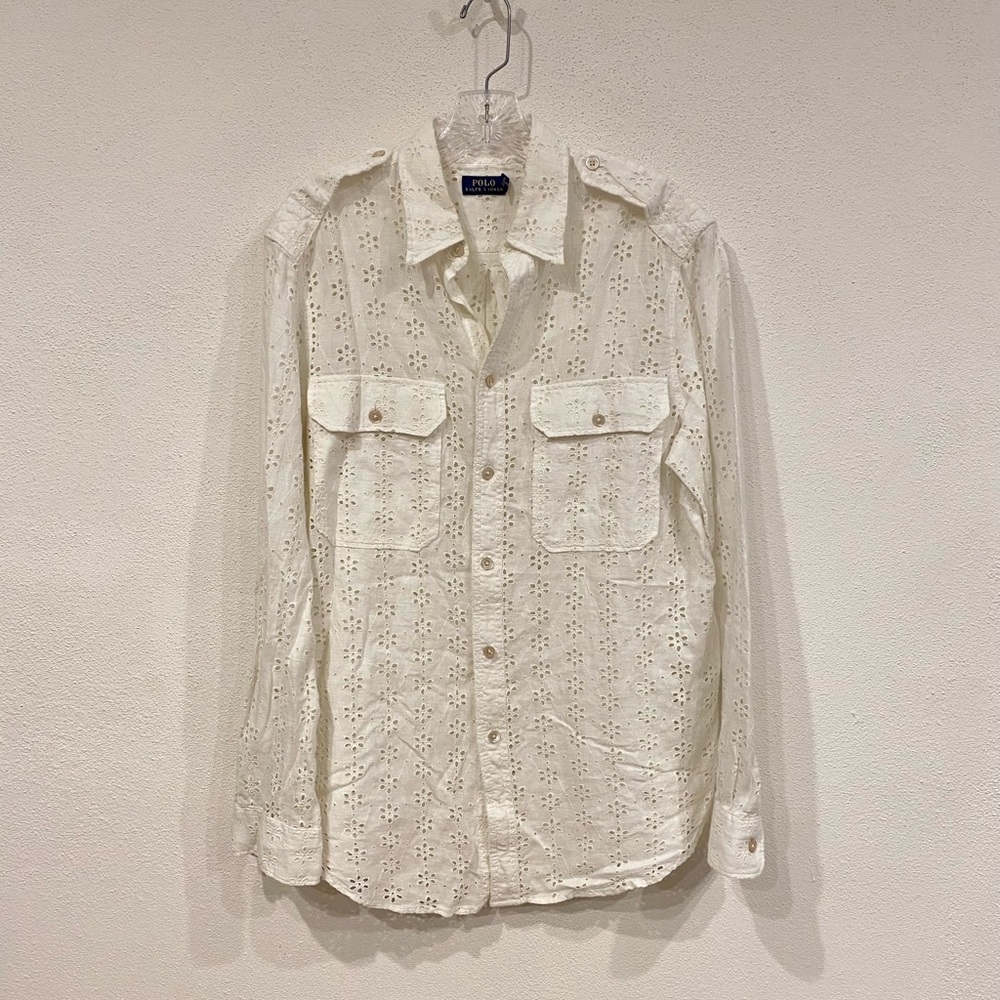 Polo Ralph Lauren Eyelet Linen Shirt Women's Size Medium White Button Down - Picture 2 of 6